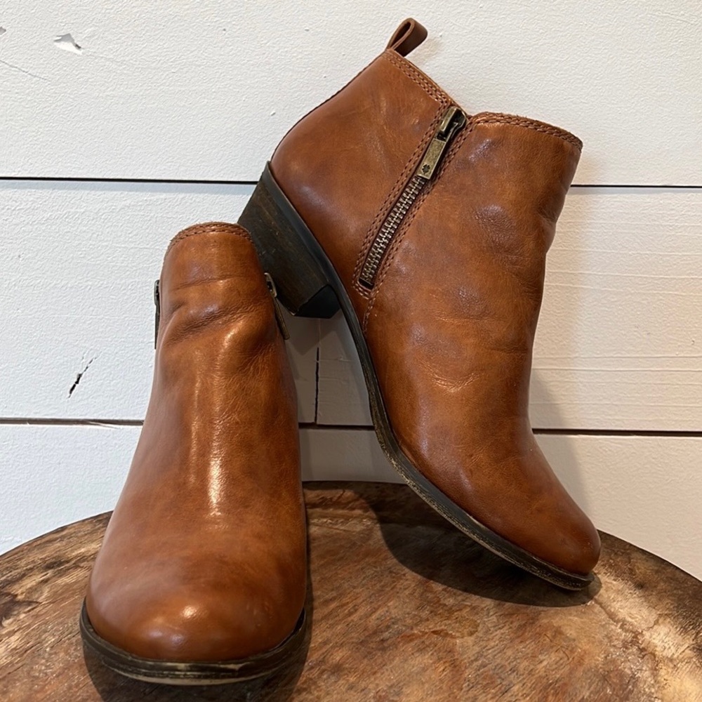 Lucky Brand Basel Booties - Sz: 7, Cognac, Leather